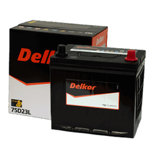 Batería Delkor 75D23L con caja – alto rendimiento para autos medianos y SUV.