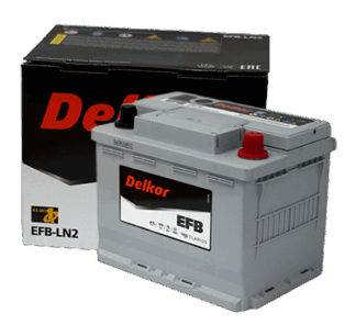 Batería Delkor EFB-LN2 con caja – especial para autos con sistema Start-Stop.
